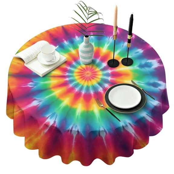 Rainbow Tie Dye Mandala Pattern Round Tablecloth 60"x60",Wrinkle Wipeable Table Cloth for Kitchen Dining Room Picnic Patio Party
