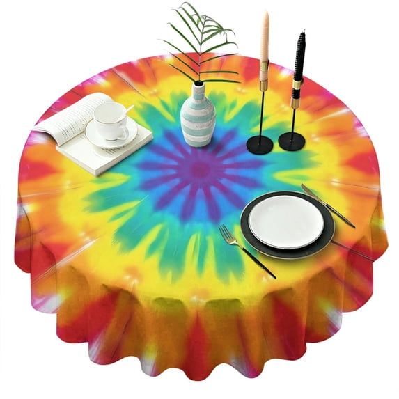 Rainbow Tie Dye Mandala Pattern Round Tablecloth 60"x60",Wrinkle Wipeable Table Cloth for Kitchen Dining Room Picnic Patio Party