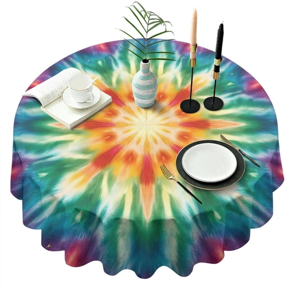 Rainbow Tie Dye Mandala Pattern Round Tablecloth 60"x60",Wrinkle Wipeable Table Cloth for Kitchen Dining Room Picnic Patio Party