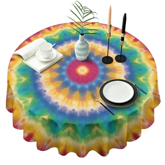 Rainbow Tie Dye Mandala Pattern Round Tablecloth 60"x60",Wrinkle Wipeable Table Cloth for Kitchen Dining Room Picnic Patio Party