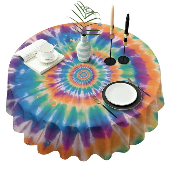 Rainbow Tie Dye Mandala Pattern Round Tablecloth 60"x60",Wrinkle Wipeable Table Cloth for Kitchen Dining Room Picnic Patio Party