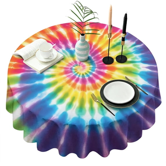Rainbow Tie Dye Mandala Pattern Round Tablecloth 60"x60",Wrinkle Wipeable Table Cloth for Kitchen Dining Room Picnic Patio Party