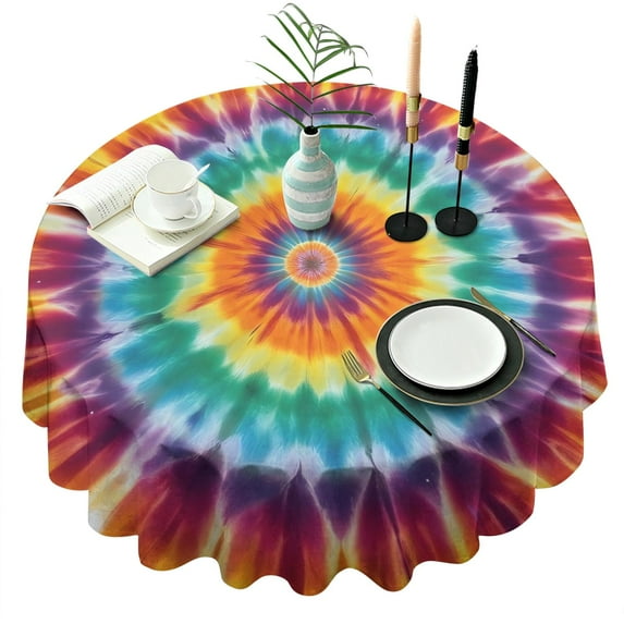 Rainbow Tie Dye Mandala Pattern Round Tablecloth 60"x60",Wrinkle Wipeable Table Cloth for Kitchen Dining Room Picnic Patio Party