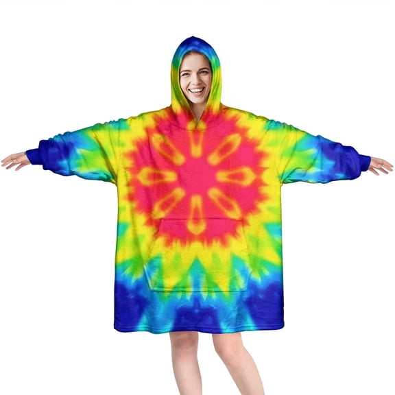 Rainbow Tie Dye Mandala Pattern Wearable Oversized Blanket,Wearable Blanket Hoodie for Adults,Cozy Hooded Blankets with Super Pockets,Super Warm Fuzzy Pullover for Women & Men