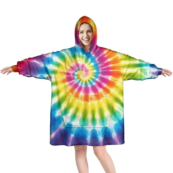 Rainbow Tie Dye Mandala Pattern Wearable Oversized Blanket,Wearable Blanket Hoodie for Adults,Cozy Hooded Blankets with Super Pockets,Super Warm Fuzzy Pullover for Women & Men