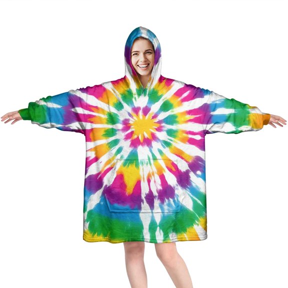 Rainbow Tie Dye Mandala Pattern Wearable Oversized Blanket,Wearable Blanket Hoodie for Adults,Cozy Hooded Blankets with Super Pockets,Super Warm Fuzzy Pullover for Women & Men
