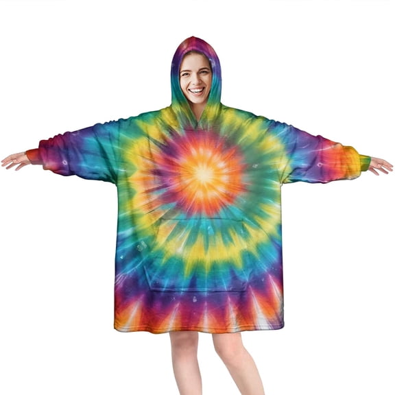 Rainbow Tie Dye Mandala Pattern Wearable Oversized Blanket,Wearable Blanket Hoodie for Adults,Cozy Hooded Blankets with Super Pockets,Super Warm Fuzzy Pullover for Women & Men