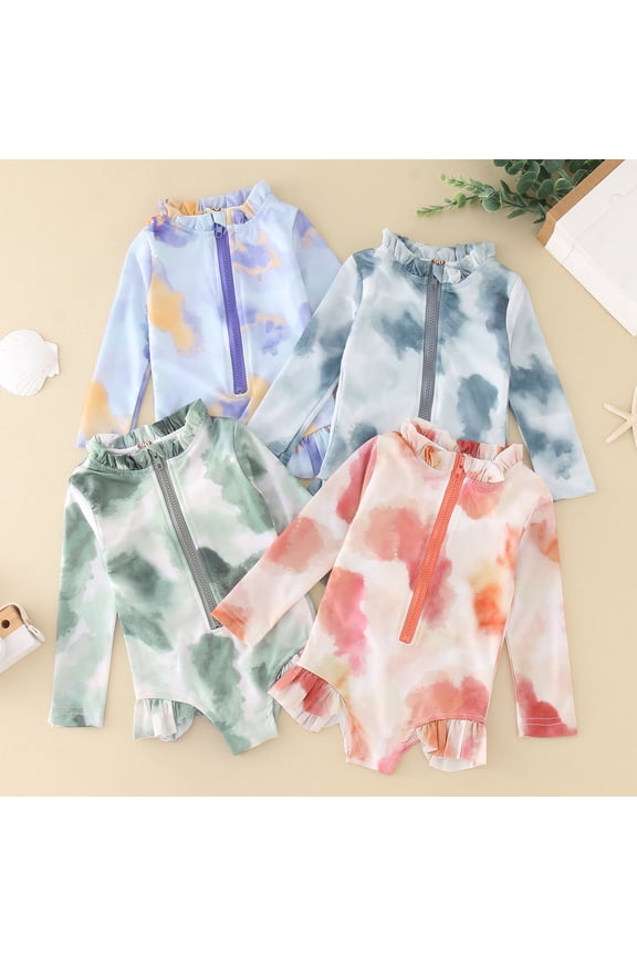 Rainbow Tie Dye Print Long Sleeve One Piece Swimsuit Ruffle Trim Rash Guard Sun Protection Bathing Suit for Girls