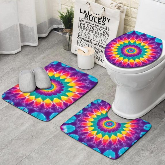 Rainbow Tie Dye Radial Pattern Bathroom Rugs Sets 3 Piece,Toilet Cover Set,Absorbent Non Slip Bathroom Mats Sets with U-Shaped Contour Rug Toilet Rug Set