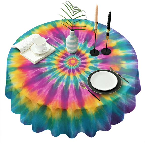 Rainbow Tie Dye Radial Pattern Round Tablecloth 60"x60",Wrinkle Wipeable Table Cloth for Kitchen Dining Room Picnic Patio Party