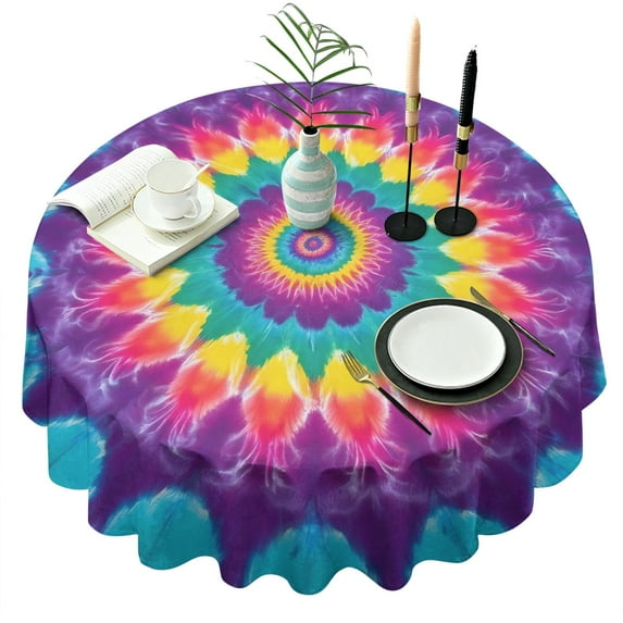 Rainbow Tie Dye Radial Pattern Round Tablecloth 60"x60",Wrinkle Wipeable Table Cloth for Kitchen Dining Room Picnic Patio Party