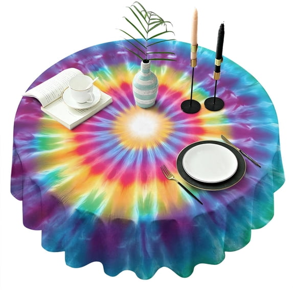 Rainbow Tie Dye Radial Pattern Round Tablecloth 60"x60",Wrinkle Wipeable Table Cloth for Kitchen Dining Room Picnic Patio Party