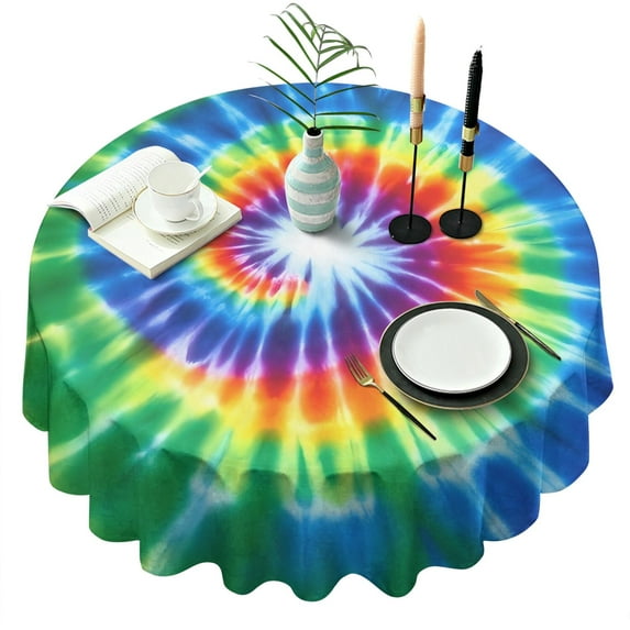 Rainbow Tie Dye Radial Pattern Round Tablecloth 60"x60",Wrinkle Wipeable Table Cloth for Kitchen Dining Room Picnic Patio Party
