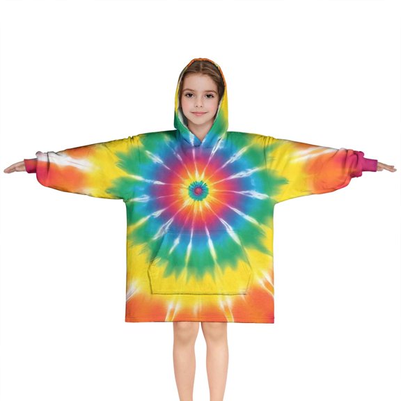 Rainbow Tie Dye Ray Circle Pattern Blanket Hoodies for Kids 6-13YR Oversize Wearable Blanket Hoodies for Boys Girls Teens
