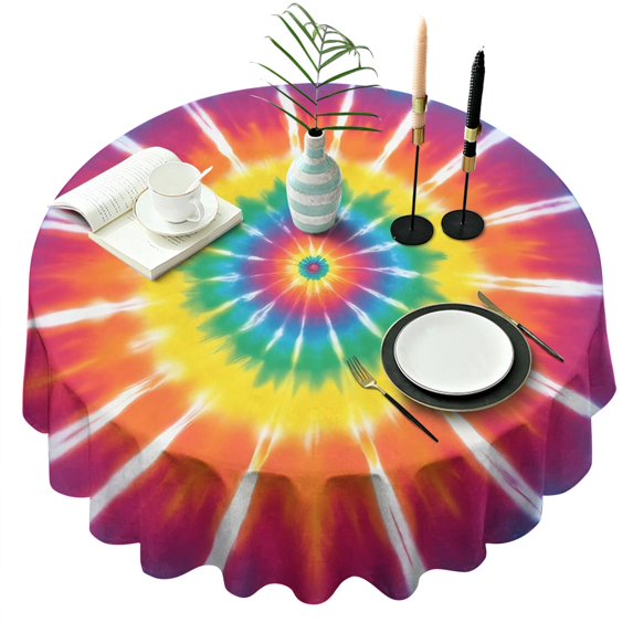 Rainbow Tie Dye Ray Circle Pattern Round Tablecloth 60"x60",Wrinkle Wipeable Table Cloth for Kitchen Dining Room Picnic Patio Party