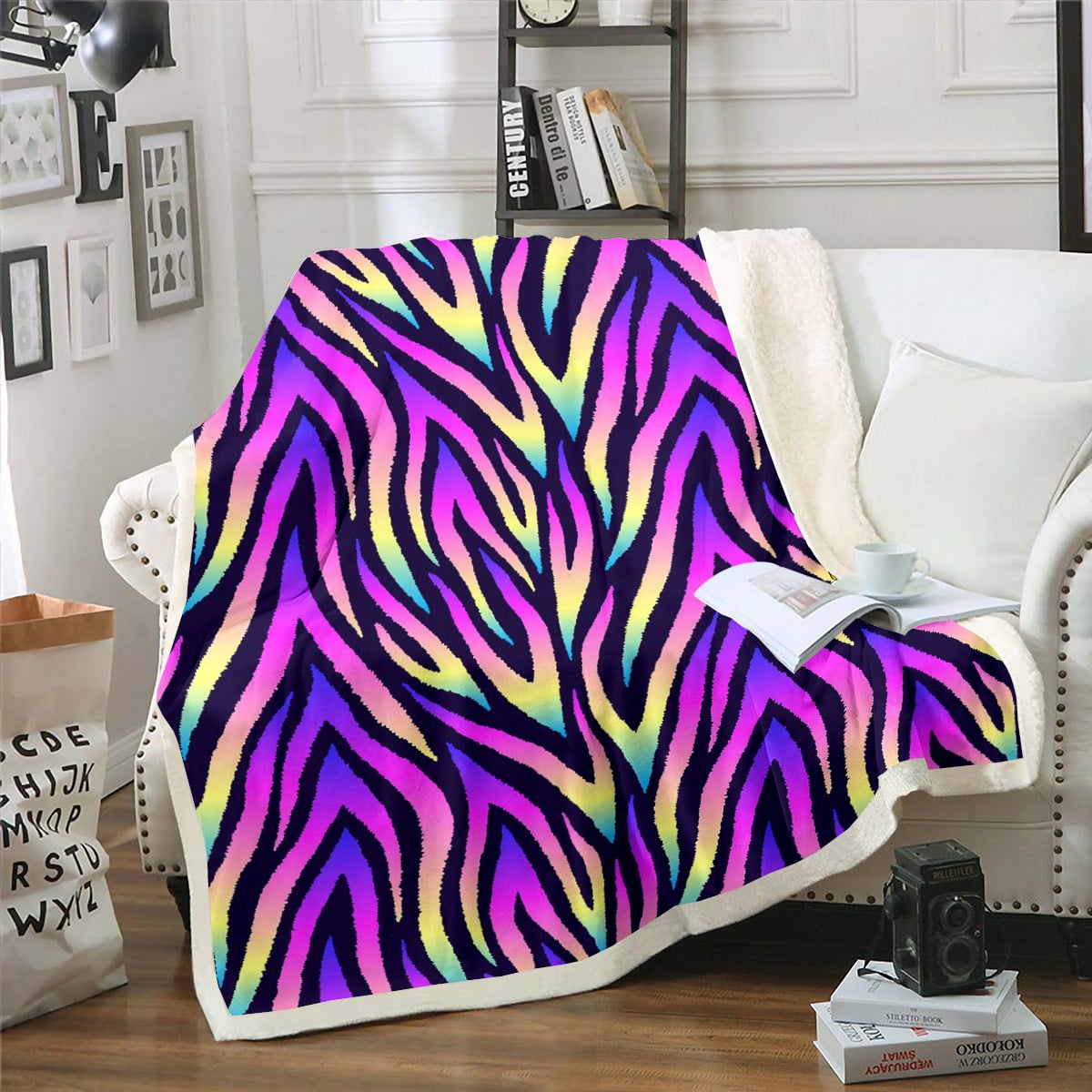 Rainbow Tie Dye Sherpa Blanket for Girls Women Zebra Print Blanket