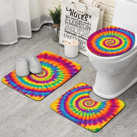 Rainbow Tie Dye Spiral Dot Pattern Bathroom Rugs Sets 3 Piece,Toilet Cover Set,Absorbent Non Slip Bathroom Mats Sets with U-Shaped Contour Rug Toilet Rug Set