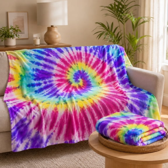 Rainbow Tie Dye Spiral Fleece Throw Blanket, Soft 280 Gsm Polyester, Home Decor for Couch, Sofa & Bed