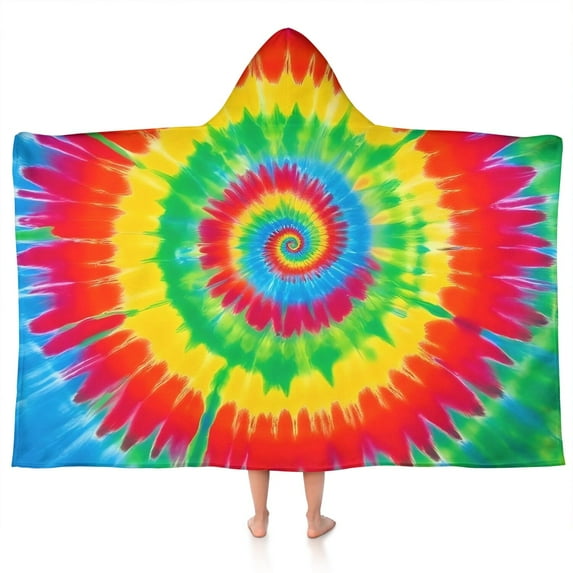 Rainbow Tie Dye Spiral Hooded Bath Towel,50"x30" for Ages 3 To 12 Kids, Quick Dry Lightweight Soft Microfiber Hood Beach Towel Cover Up for Kids