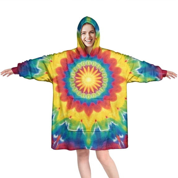 Rainbow Tie Dye Star Mandala Pattern Wearable Oversized Blanket,Wearable Blanket Hoodie for Adults,Cozy Hooded Blankets with Super Pockets,Super Warm Fuzzy Pullover for Women & Men
