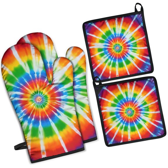 Rainbow Tie Dye Sunburst Kitchen Oven Mitt and Pot Holder Sets 2 Pcs for Baking, Cooking and Grilling, Heat Resistant Up To 392 °F