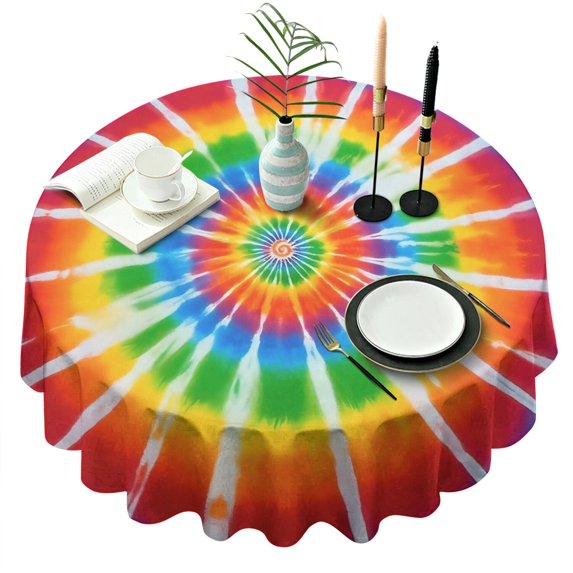 Rainbow Tie Dye Sunburst Round Tablecloth 60"x60",Wrinkle Wipeable Table Cloth for Kitchen Dining Room Picnic Patio Party
