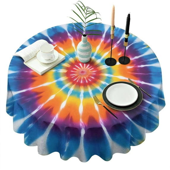 Rainbow Tie Dye Sunburst Round Tablecloth 60"x60",Wrinkle Wipeable Table Cloth for Kitchen Dining Room Picnic Patio Party