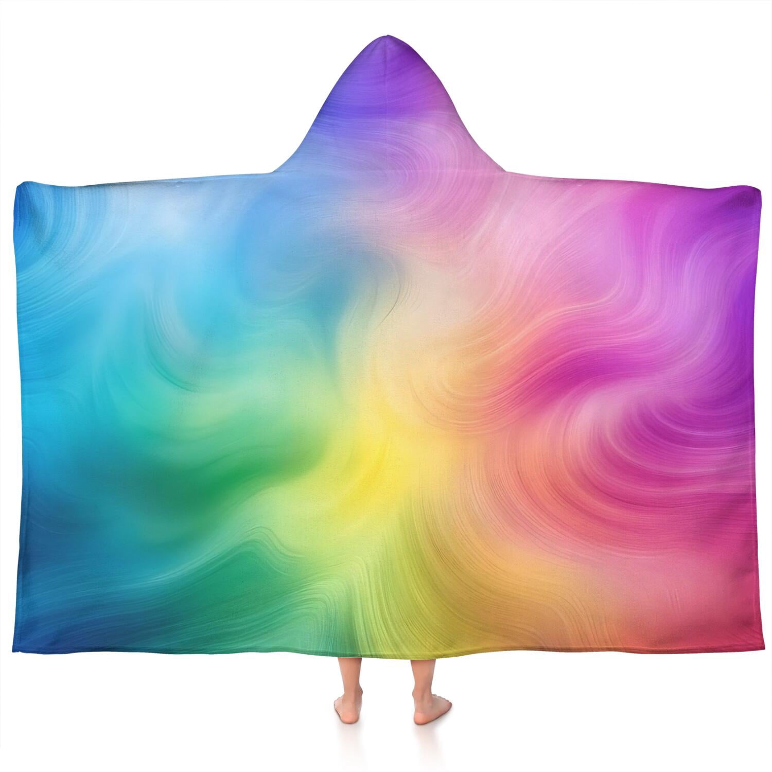 Rainbow Tie Dye Swirl Pattern Hooded Bath Towel，60"x35" for Ages 3 To 12 Kids, Quick Dry Lightweight Soft Microfiber Hood Beach Towel Cover Up for Kids