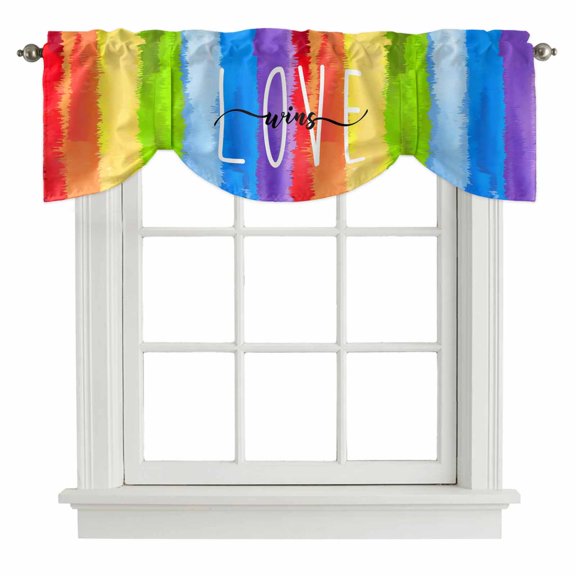 Rainbow Tie Up Valance Curtains for Windows, Kitchen Curtains Window Treatments, Cartoon Colorful Gradient Striped Funny Art Short Window Shades Valances for Bedroom Bathroom Cafe 42"x12"