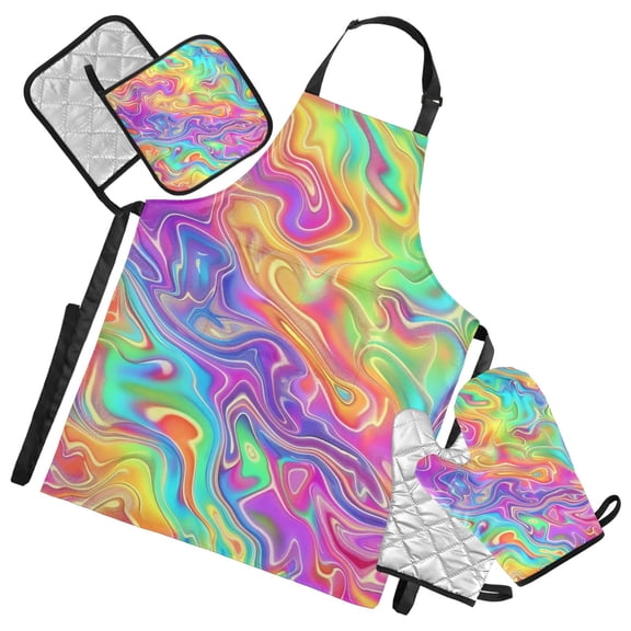 Rainbow Tie-dye 5 Pcs Kitchen Set Heat Resistant Oven Mitts and Non-Slip Pot Holders with Adjustable Cooking Apron
