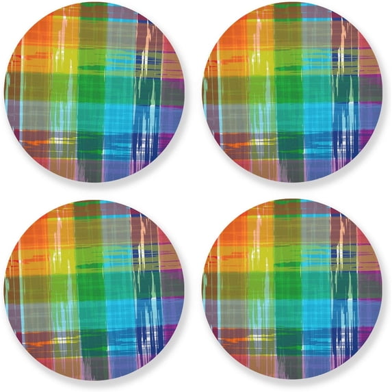 Rainbow Tie-dye Plaid Drinks Coasters, Non-Scratch Cork Base Round Cups Mats for for Wooden Coffee Table, Cool Housewarming Gift for Home Decor