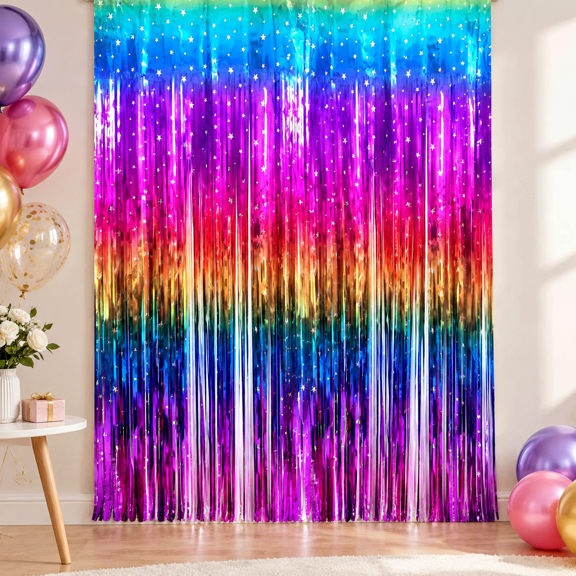 Rainbow Tinsel Foil Fringe Curtains for Photo Booth Props Backdrop