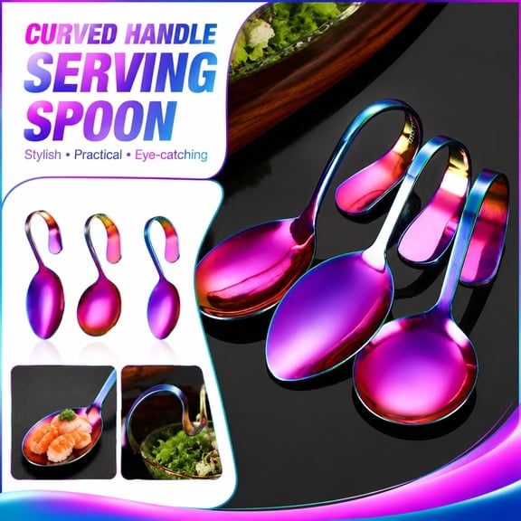 Rainbow Titanium-Coated Curved Handle Serving Spoon, 4.33 To 5.23 Inch Elegant Design With Ergonomic Loop Grip For Easy Lifting And No-Slip Handling a