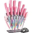thumbnail image 1 of Rainbow Titanium Knife Set, Non Stick Thick and Sharp Stainless Steel 15 Pcs Cutlery Kitchen Knives Set with Acrylic Block, Chef Quality for Home & Pro Use, Best Gift, Pink Color, 1 of 9
