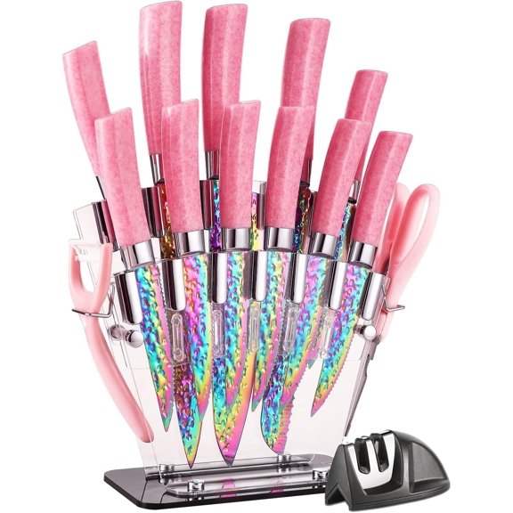 Rainbow Titanium Set, Non Stick Thick and Stainless Steel 15 count Cutlery Kitchen Set with Block, Chef Quality for & Pro Use, , Color