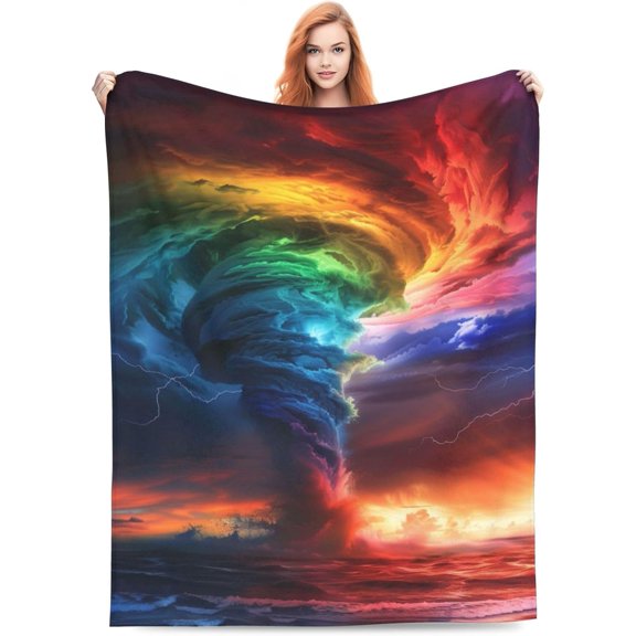 Rainbow Tornado with Lightning and Ocean Throw Blanket, Soft Cozy Flannel, Gift for Women and Kids