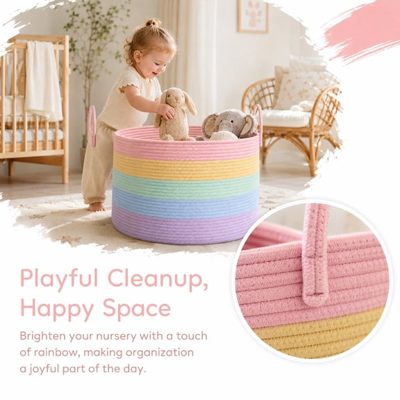 Rainbow Toy Basket & Blanket Storage Bin, Round Cotton Rope Basket for Nursery, 20x13", Rainbow Pastel