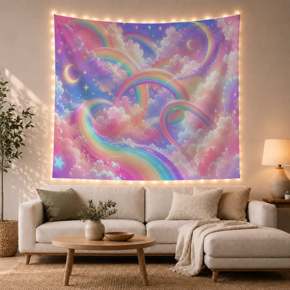 Rainbow Trails Among Clouds with Crescent Moons and Stars, Playful Fantasy for Sky Lovers, Rainbow Cloud Decor, Birthday Gift, Tapestry Wall Hanging for Bedroom and Dorm