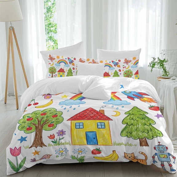 Rainbow Tree Comforter Set California King Size, Yellow House Flower Cat Butterfly Sun Cartoon Painting Soft Bedding Set for Man Woman, 4 Pieces Duvet Cover Set with Fitted Sheet, 2 Pillowcases