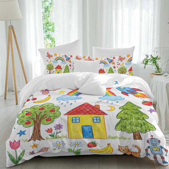Rainbow Tree Comforter Set Twin Size, Yellow House Flower Cat Butterfly Sun Cartoon Painting Soft Bedding Set for Man Woman, 4 Pieces Duvet Cover Set with Fitted Sheet, 2 Pillowcases