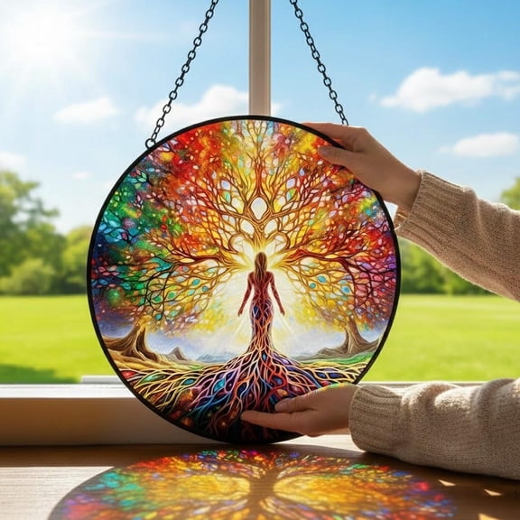 Rainbow Tree Of Life Glass Suncatcher, Spiritual Window Hanging, Divine Feminine Healing Home Decor, Suncatcher Window Hanging, 7.9 in