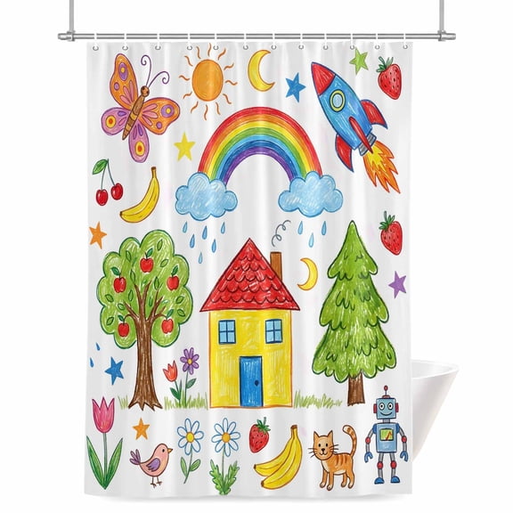 Rainbow Tree Shower Curtain, 72" x 72", Yellow House Flower Cat Butterfly Sun Cartoon Painting Waterproof Bathroom Curtain Washable Shower Curtain Set with 12 Hooks