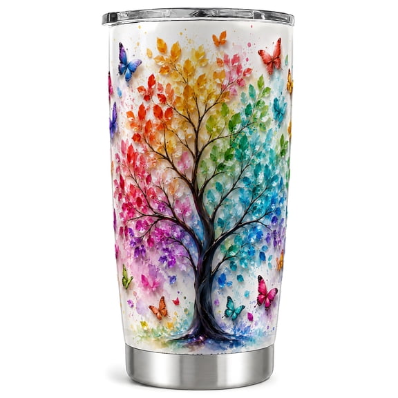 Rainbow Tree Tumbler 20oz, Butterfly Tumbler, Stainless Steel Travel Cup