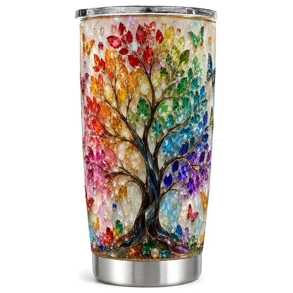 Rainbow Tree Tumbler 20oz, Gemstone Tumbler, Stainless Steel Travel Cup