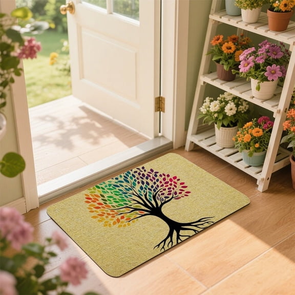 Rainbow Tree of Life Spiritual Bohemian Print Welcome Doormat 24" x 36, Indoor Outdoor Entry Rug
