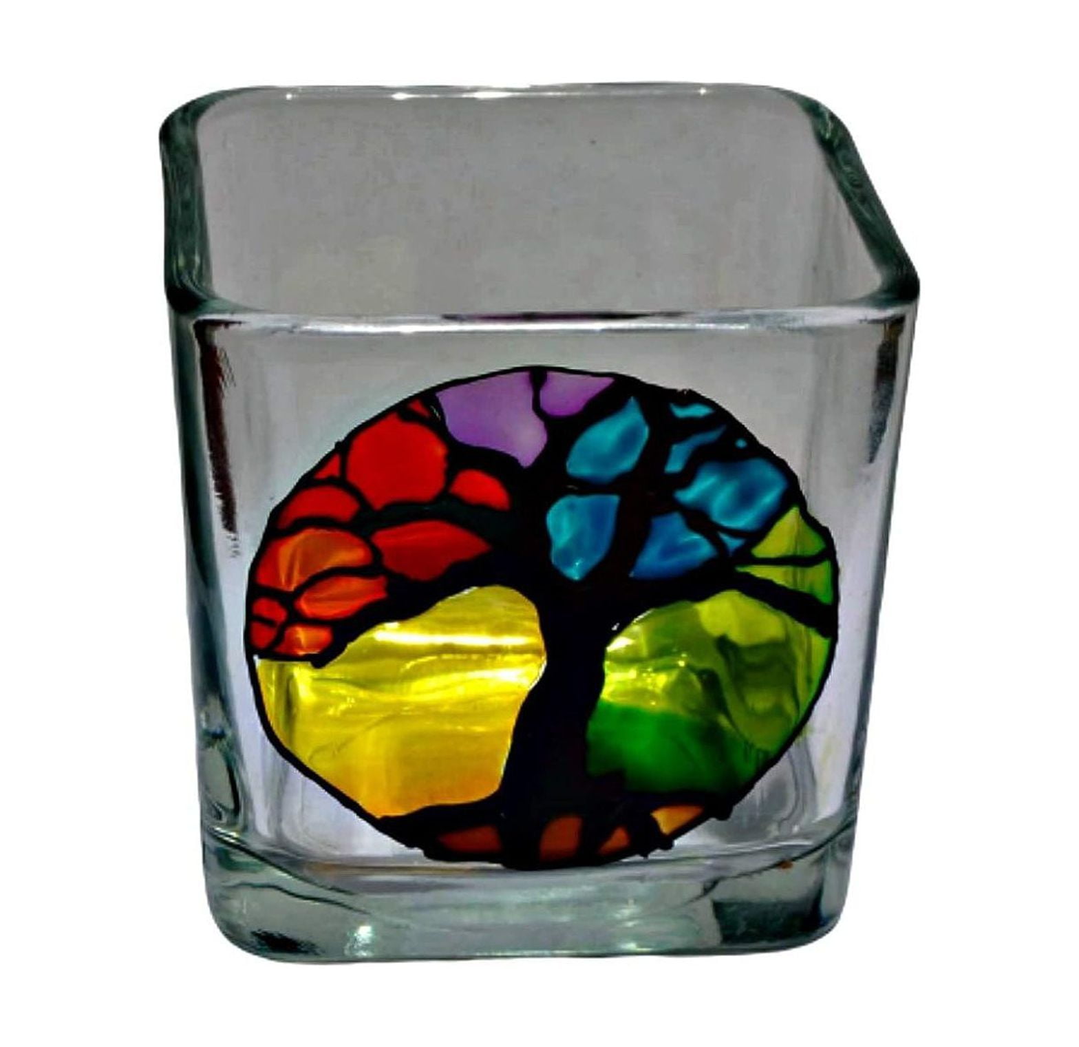 Rainbow Tree of Life Stained Glass Hand Painted Square Candle Holder