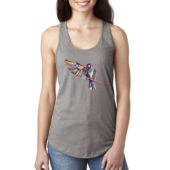 Rainbow Trippy Psychedelic Parrot Fashion Ladies Racerback Tank Top, Heather Grey, Medium
