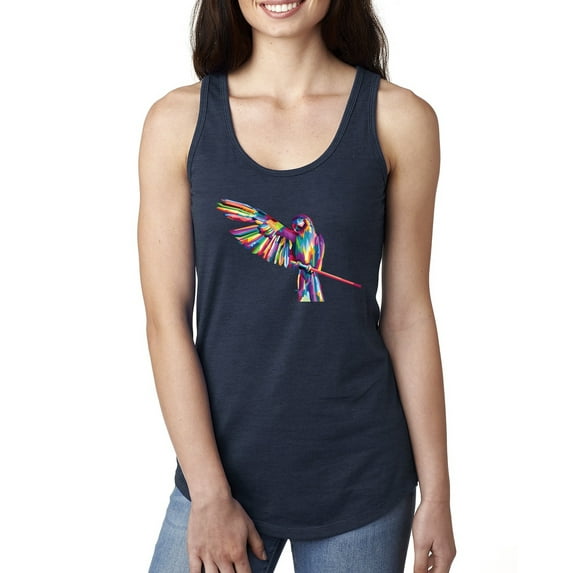 Rainbow Trippy Psychedelic Parrot Fashion Ladies Racerback Tank Top, Navy, Small