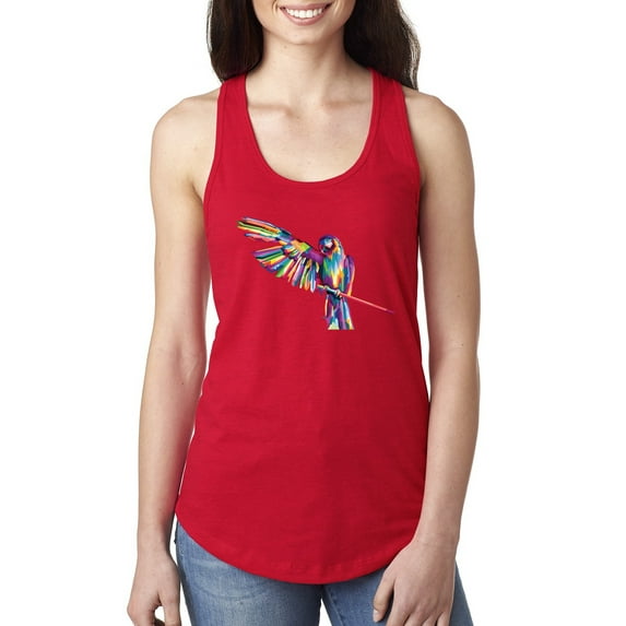 Rainbow Trippy Psychedelic Parrot Fashion Ladies Racerback Tank Top, Red, Large