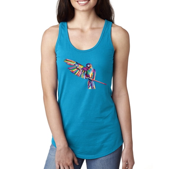 Rainbow Trippy Psychedelic Parrot Fashion Ladies Racerback Tank Top, Turquoise, Small